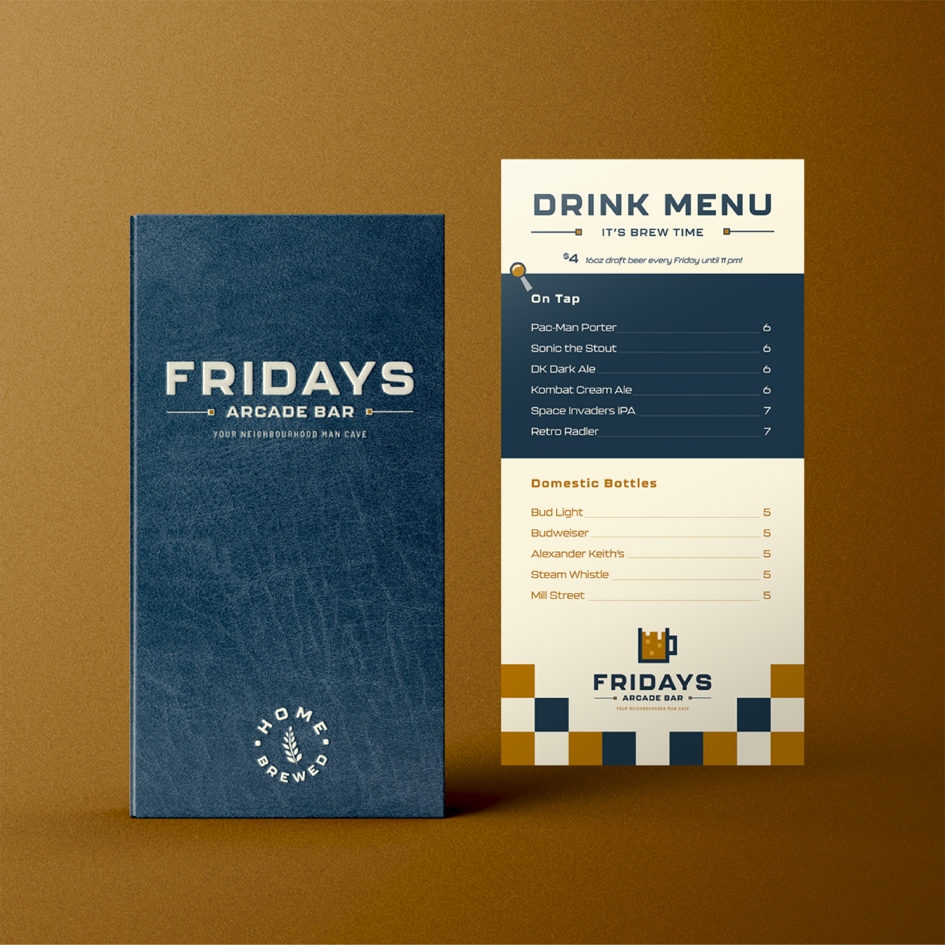 Drink menu design mockup for Fridays Arcade Bar.