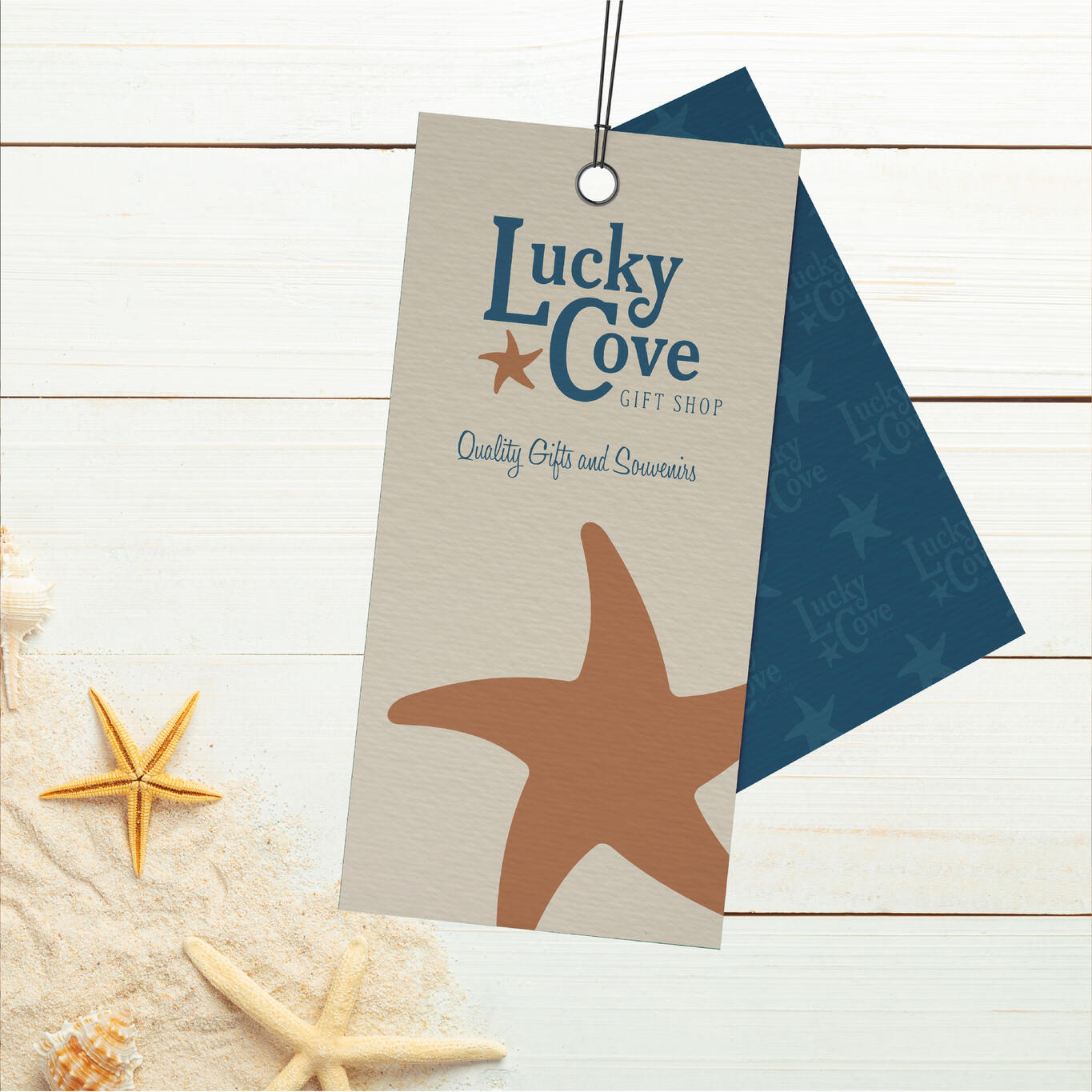Branded merchandise tag for Lucky Cove Gift Shop.