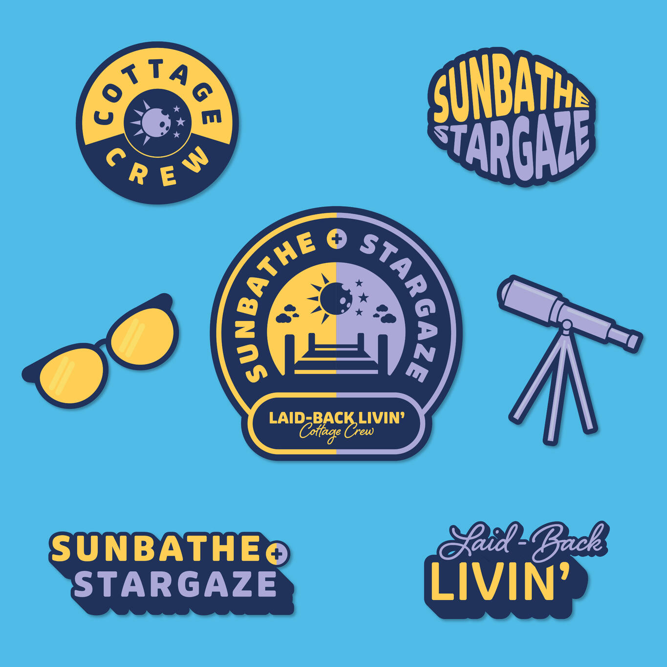 Sunbathe and stargaze, cottage crew, laid-back livin' sticker collection design.
