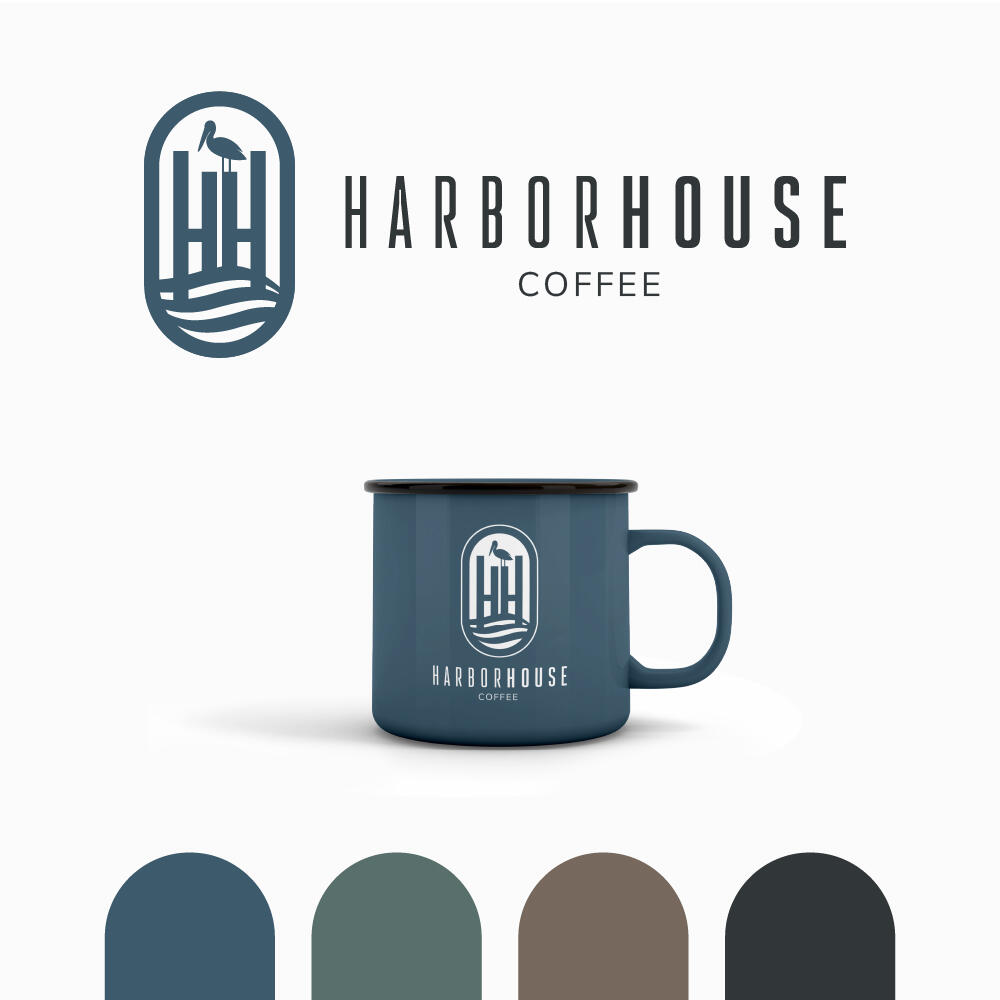 Logo design and coffee mug mockup for Harbor House Coffee.