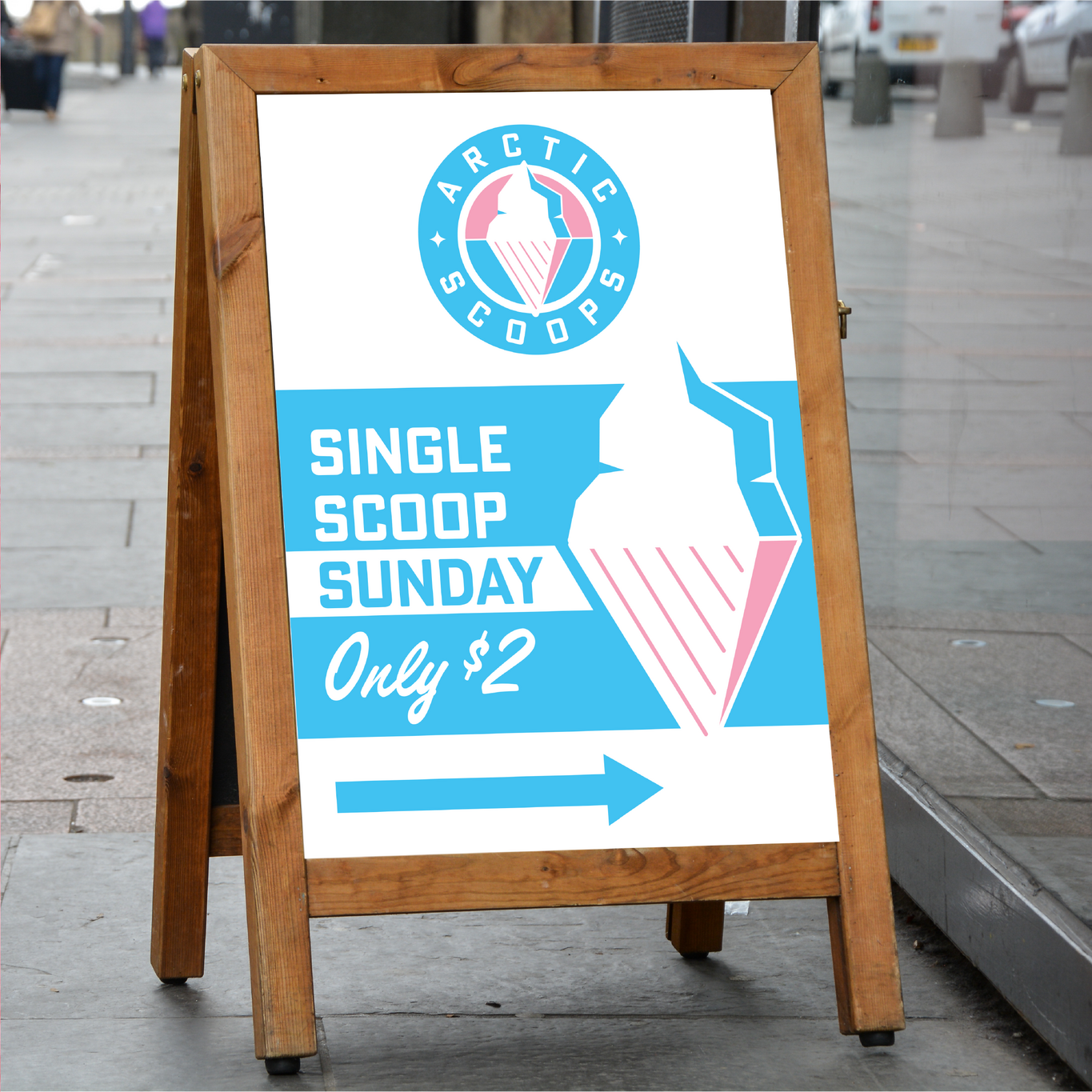 Sidewalk sandwich board design mockup for Arctic Scoops ice cream.